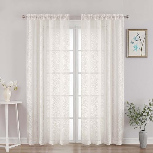 OVZME Ivory Sheer Curtains 72 Inches Long 2 Panels Set, Voile Soft Airy Leaf Jacquard Textured Elegant Sheer Curtains for Living Room Bedroom Door Window, Dual Rod Pocket Drapes, 2x42Wx72L Inches