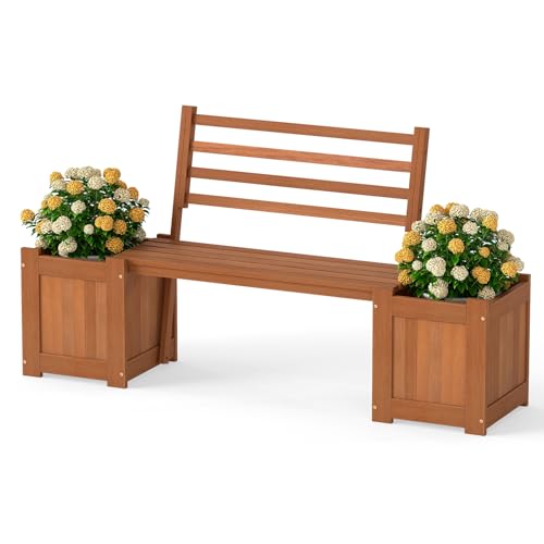 GiantexUK Wooden Garden Planter with Bench, Garden Bench Seat with 2 Raised Flower Boxes & Angled Backrest, Open-Bottom Elevated Planters for Yard Patio Balcony
