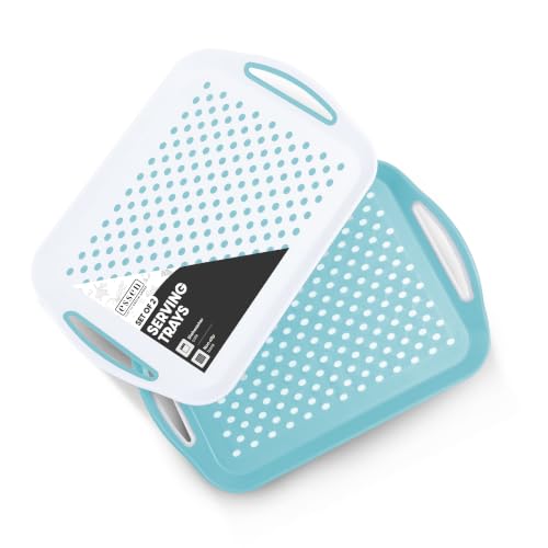 Essen 2-Pack Serving Tray Set ??? Non-Slip Lap Boards with Grip Handles, Ideal for Food Prep, Tea, Breakfast in Bed ??? Plastic Tray for Stable Dining ??? Dishwasher Safe (Blue/White)