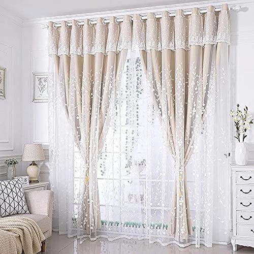 Amidoudou 1 Pair Double Layer Flower Curtains for Girls Room Living Room Pastoral Flowers and Leaf Embroidered Curtains for Bedroom (Beige,54x95 Inch)