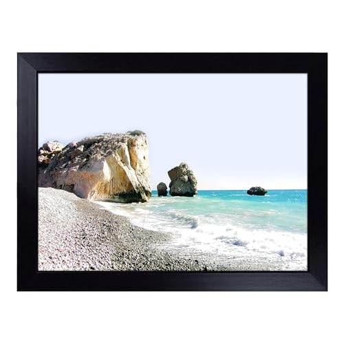 Lap Tray with Bean Bag Cushion, Seascape Cyprus Beach Art - Handmade in the UK, Raised Wooden Edge, Padded Cushion, Heat-Resistant Wipe-Clean Surface, for Meals, Laptops and Crafts