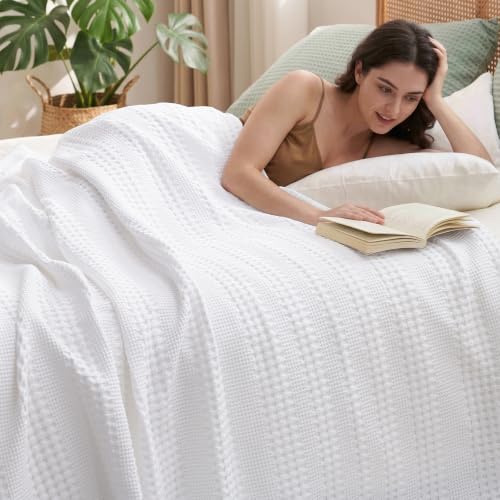 "PHF Cooling Waffle Blanket Queen Size, Lightweight 60% Rayon from Bamboo & 40% Cotton Breathable Blanket for Hot Sleepers, Summer Use, Soft Luxury for Bed Couch Sofa, 90""x90"", White"