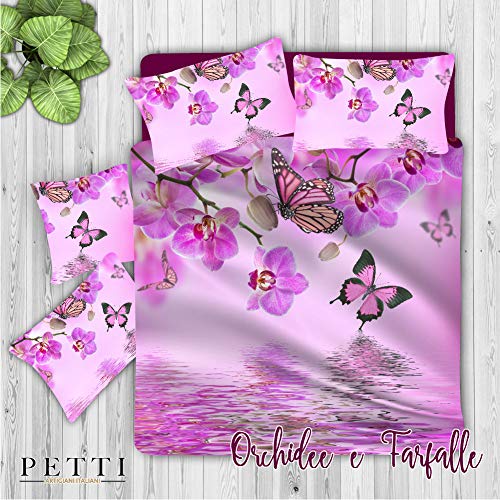 PETTI Artigiani Italiani Duvet Cover, Bedding Set, Satin, 100% Made in Italy, Orchids and Butterflies, Single (150x200 cm)