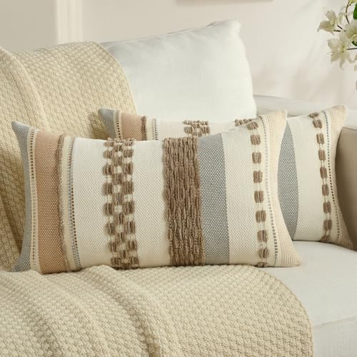 FUTEI Light Brown Boho Throw Pillow Covers 12x20 Inch Set of 2, Modern Tufted Striped Textured Accent Pillow Case,Farmhouse Pillows for Couch Bed