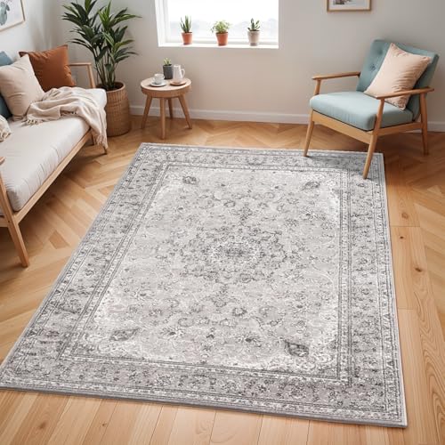 Livabliss Sanvi Hergla Vintage Style Floor Covering 200x275 cm – Scandi Neutral Traditional Pattern for Living Room, Hallway & Bedroom, Easy Care, Charcoal, Grey & White