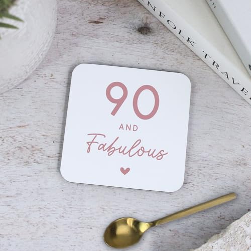 eBuyGB Printed Square Coaster, 90 & Fabulous Milestone Birthday, 90th Birthday Gift for Her, Sister, Grandma, Mum, Auntie, Ninetieth Drinks Mat