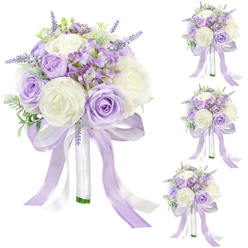 HOMENERGY Set of 4 Bridesmaid Bouquets for Wedding - 7 Inch Artificial Flowers Bouquets for Ceremony Anniversary Centerpieces Decorations - Dusty Purple