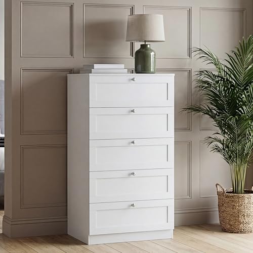 Vida Designs Altino 5 Drawer Chest of Drawers - White - H 121 x W 65 x D 36 cm - Bedroom Storage Unit - Easy Assembly - Clothes Storage Cabinet - Modern Shaker Style Hallway or Guest Room