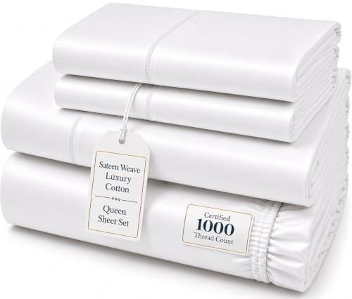 "CHATEAU HOME COLLECTION 100% Cotton Sheets Queen Size Set - Certified 1000 Thread Count Breathable Soft & Comfy Sateen Weave, Machine Washable, 15"" Deep Pocket Queen Sheet Set - White Sheets"