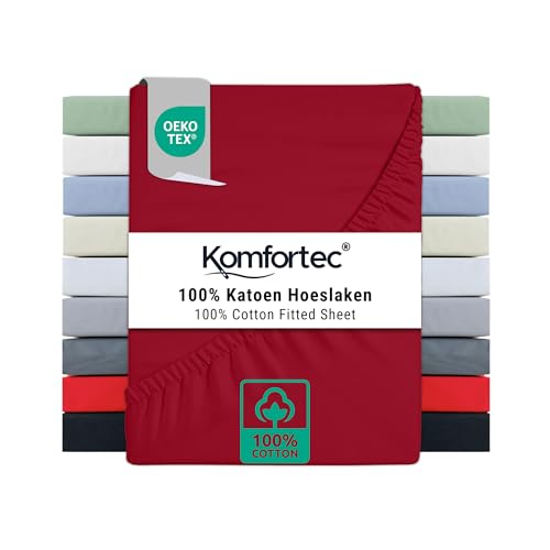 Komfortec King Size Fitted Sheet 100% Cotton, 11 inch (30 cm) Deep Pocket - Red