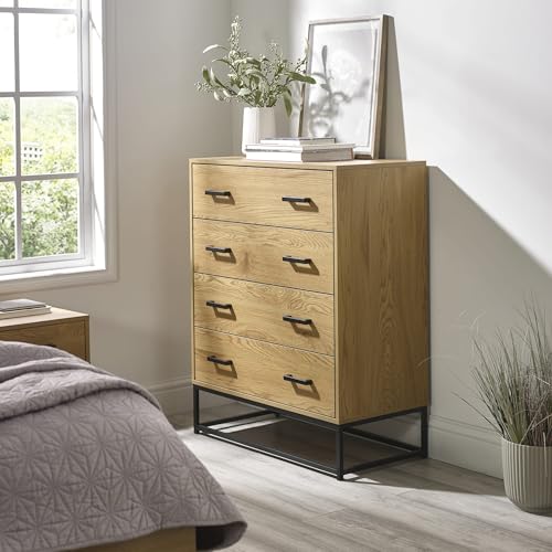 Julian Bowen Harlow Chest of Drawers - 4 Drawer Wooden Cabinet with Industrial Black Metal Handles & Legs, Oak Effect Storage Dresser for Bedroom & Living Room - 100 x 80 x 40cm