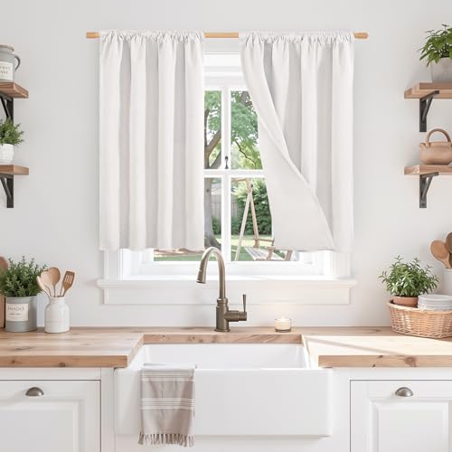 BGment Short Linen Blackout Curtains 36 Inch Length, Ivory White Thermal Insulated Drapes with Rod Pocket Textured Room Darkening for Small Window Privacy, 2 Panels Set, Each 30 Inch Wide