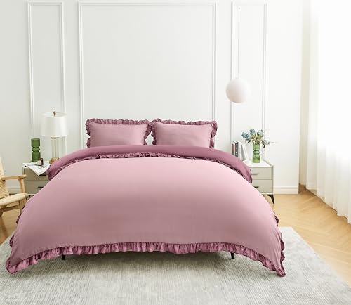 GC GAVENO CAVAILIA Frill Bedding Sets Ruffles Duvet Cover King Size - 3-Piece Kingsize Duvet Cover Sets With Pillowcases - Breathable & Washable Comforter Bed Cover 220x230 Cm, Baby Pink/Dusky Pink