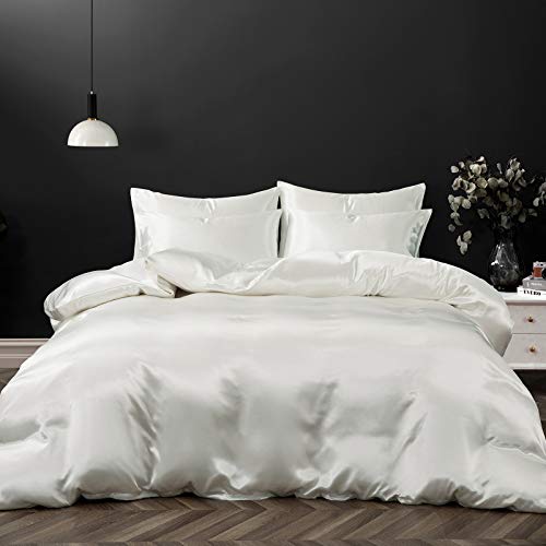 P Pothuiny Luxurious 5-Piece Satin Duvet Cover Set, Queen Size, Ivory White, 1 Duvet Cover + 4 Pillowcases, Zipper Closure