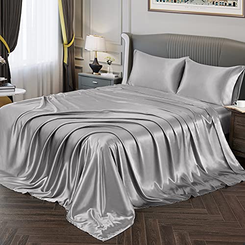 Vonty Satin Duvet Cover Set Fitted Sheet + Flat Sheet + Pillowcase Size - Silky Satin Protects Hair, Reduces Facial Wrinkles, Deep Pocket Up To 15 Inch, Machine Washable, Year-Round Comfort