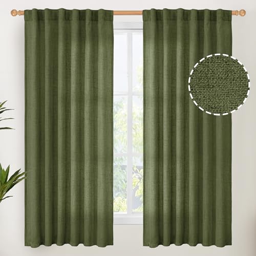 YoungsTex Olive Green Linen Curtains 63 Inch Length for Living Room, Light Filtering Textured Drapes with Rod Pocket/Back Tab Semi Sheer Window Treamtments for Bedroom, 2 Panels, 52 X 63 Inch