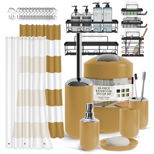Clara Clark Bathroom Set - Bathroom Set with Adhesive Corner Shower Caddy Hanging, 25PC Bathroom Accessory Set, Gold Shower Curtain Set, Toilet Brush, Trash Can & Soap Dispenser