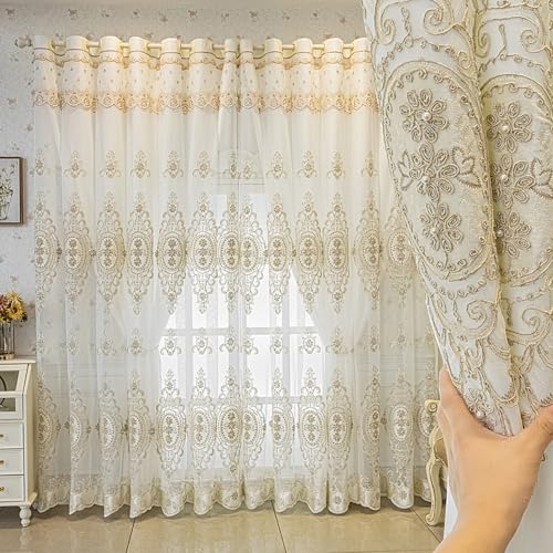 Amidoudou 1 Pair European Double Layer Curtains with Valances for Living Room Bedroom Luxury 3D Flower Embroidered Semi-Blackout Curtains (White,51x90 Inch)