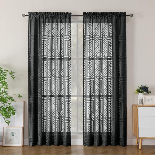Simplebrand Semi Sheer Black Curtains 78 Inch Length 2 Panels, Geometric Jacquard Clip Textured Short Sheer Curtains for Bedroom???Modern Elegant Window Curtains Panels/Drapes/Treatment Sheer???42x78 inch