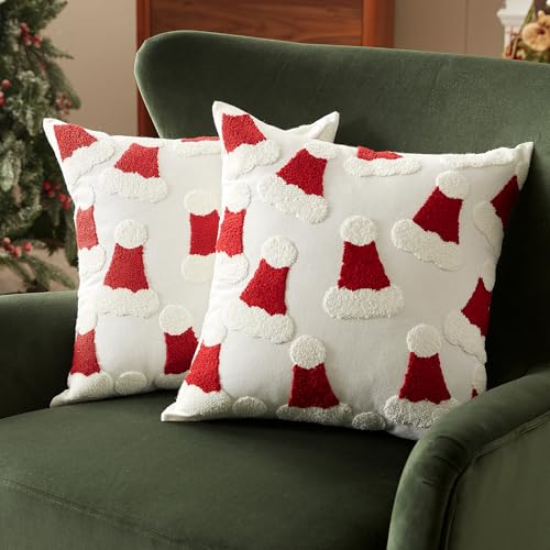 Sonvie Christmas Cushion Covers Set Of 2 with Santa Hats Decor for Christmas, Soft Decorative Square Throw Pillow Cover 45x45cm (18x18 in), Pillows Cases for Bedroom Sofa Couch Decorations