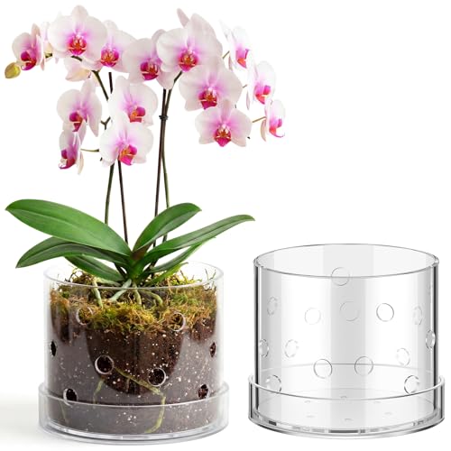 Yiyiring 6 Inch Clear Acrylic Orchid Planter Pot with Tray and Drainage Holes Planter Pot, Saucer for Bottom Watering Transparent Containers for Indoor Orchids Flower Repotting Home Decor