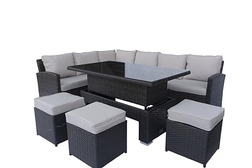 Rattan Garden Furniture Set with Rising Table 8 Seater – Outdoor Corner Sofa Dining Set with Adjustable Table and Footstools – Steel Frame Patio Set with Cushions – Brown Wicker