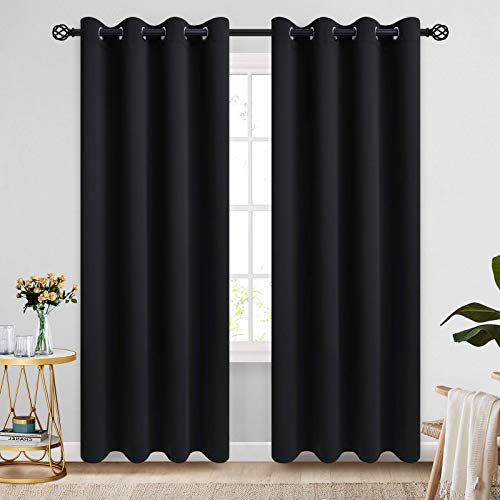 COSVIYA Grommet Blackout Room Darkening Black Curtains 84 inch Length 2 Panels,Thick Polyester Light Blocking Insulated Thermal Window Curtain Drapes for Bedroom/Living Room,52x84 inches