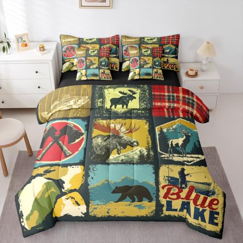 Erosebridal Farmhouse 7 Piece Comforter Set King Rustic Cabin Camper Bedding Set Retro Woodland Bear Deer Wildlife Duvet Insert Pike Fish Hunting Animal Plaid Sheet Set with Comforter Bedroom Decor