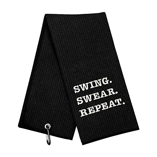 botogift Funny Golf Towel, Swing Swear Repeat, Golf Gifts for Men - Golf Accessories for Men, Embroidered Golf Towels for Golf Bags with Clip, Black