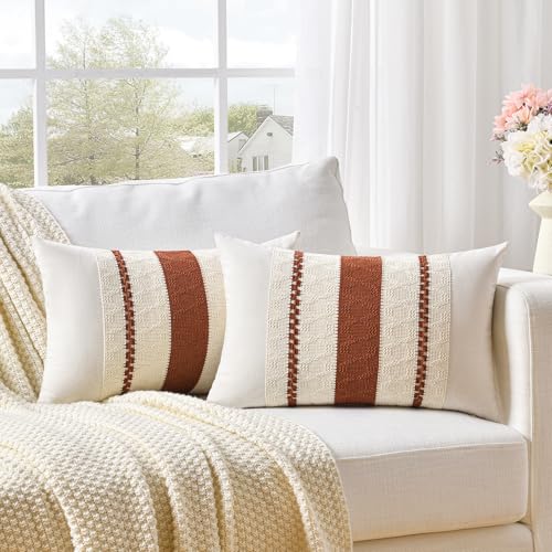 Fancy Homi Set of 2 Rust Boho Long Lumbar Decorative Throw Pillow Cover 12x24 Inch for Couch Bed Sofa, Aesthetic Modern Organic Fall Room Decor, Soft Cotton Cute Terracotta Farmhouse Cushion Case