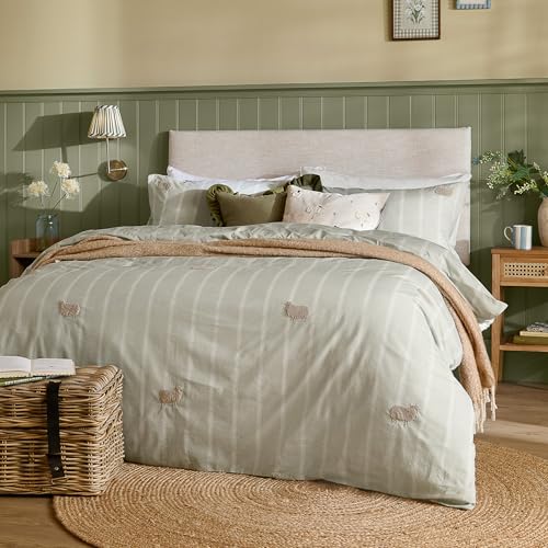 furn. Wylder Ramble Sheep Duvet Cover Set – Striped Embroidered Sheep Cosy Rustic Cotton Bedding (Sage – Super King)