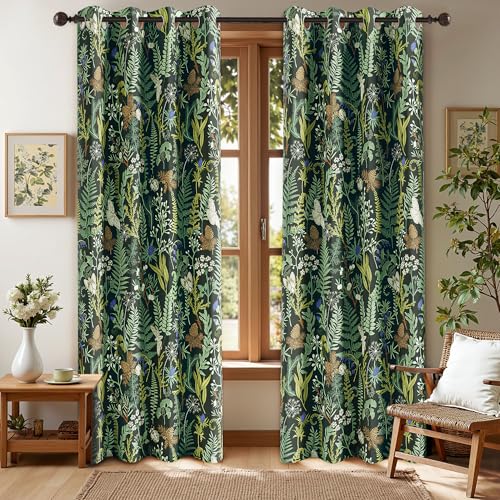 keensoft Botanical 100% Blackout Curtains for Bedroom 96 Inch Length 2 Panels Set Vintage Green Plant Floral Black Out Curtains Insulated Grommet Room Darkening Window Drapes for Living Room???52Wx96L