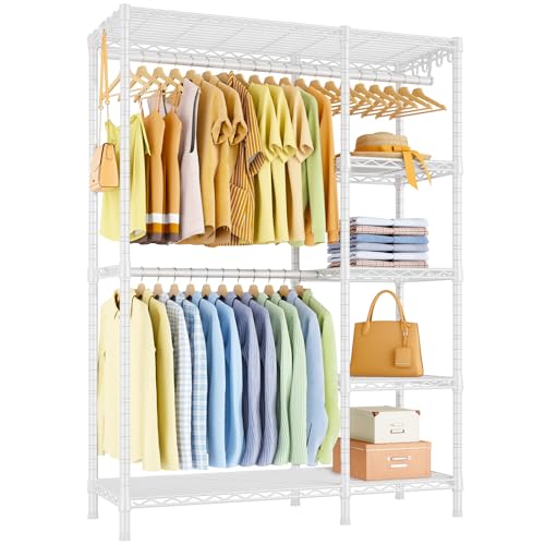 "Ulif F2 Closet Garment Rack, 5 Tiers Freestanding and Height Adjustable Heavy Duty Clothes Storage Organizer with 2 Hanger Rods for Bedroom, 44.8"" W x 14.5"" D x 79.3"" H, White"