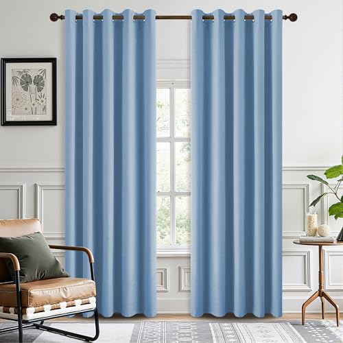 DONREN 100% Blackout Curtains 84 Inches Long Thermal Insulated, Soft Linen Grommet Blackout Drapes for Bedroom, 2 Panels 66Wx84L, Dusty Blue