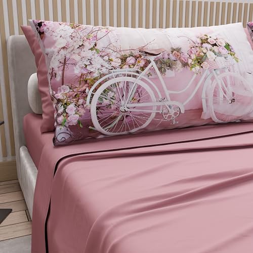 PETTI Artigiani Italiani - Double Bed Sheets Cotton with Pillowcases in Digital Print, Double Bed Sheet 333 Pattern Dark Powder, 100% Made in Italy