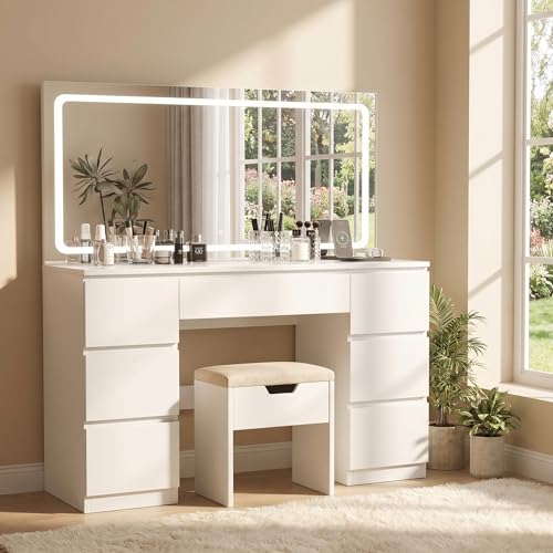 JUMMICO Dressing Table with LED Mirror and Stool,Large Vanity Desk with 3 Color Lighting,Adjustable Brightness,7 Drawers,Makeup Desk with Power Outlet and Hair Dryer Holder for Bedroom