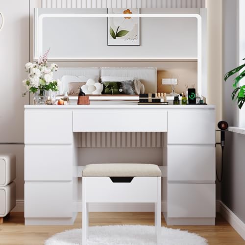 JUMMICO Dressing Table with LED Mirror and Stool,Large Vanity Desk with 3 Color Lighting,Adjustable Brightness,7 Drawers,Makeup Desk with Power Outlet and Hair Dryer Holder for Bedroom