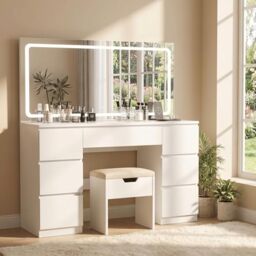 JUMMICO Dressing Table with LED Mirror and Stool,Large Vanity Desk with 3 Color Lighting,Adjustable Brightness,7 Drawers,Makeup Desk with Power Outlet and Hair Dryer Holder for Bedroom