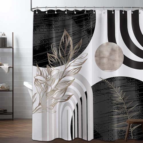 "QGHOT Boho Mid Century Modern Shower Curtain Black and White Shower Curtains for Mens Bathroom Decor Cool Grey Abstract MCM Masculine Bath Curtain Set, Waterproof Fabric with Hooks, 70"" W x 96"" L"