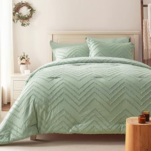 Anluoer King Bed in a Bag 7 Pieces, Sage Green Tufted Comforter Set with comforters and Sheets, All Season Bedding Sets with 1 Comforter, 2 PillowShams, 2 Pillowcases, 1 Flat Sheet, 1 Fitted Sheet