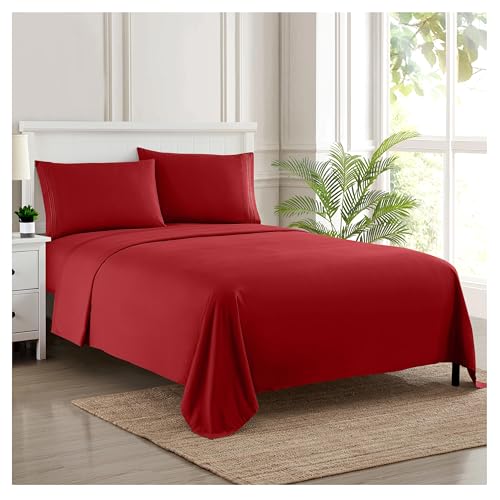 Queen Size Bed Sheets - Breathable Luxury Sheets with Full Elastic & Secure Corner Straps Built In - 1800 Supreme Collection Extra Soft Deep Pocket Bedding Set, Sheet Set, Queen, Red