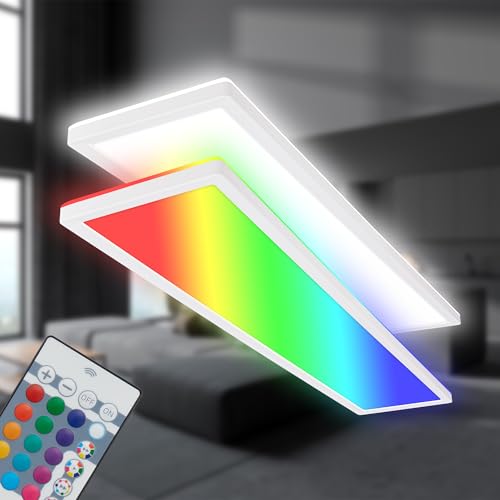 BRILONER - LED Ceiling lamp 98cm with indirect Light, RGB+W Coloured Light Colours, Remote Control, LED lamp, LED Ceiling Light, Living Room lamp, LED Panel, Kitchen lamp, 98x20x3 cm, White