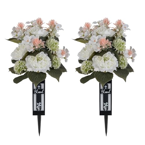 Memobloom White Artificial Flowers for Cemetery: 2 Pcs Peony Grave Flower Bouquets for Cemetery Decorations - Outdoor Gravesite Flowers with Vase