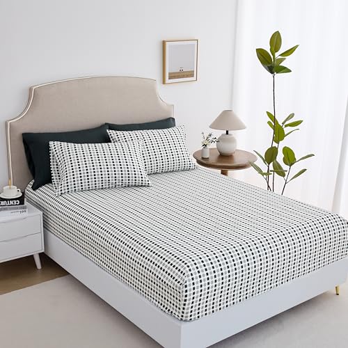 Spirit Linen Home 6-Piece Elegant Bed Sheet Set - Queen, Black/Grey Squares - Deep Pocket Soft and Breathable Microfiber Material Bed Sheets with 1 Fitted Sheet, 1 Flat Sheet, and 4 Pillowcases included.