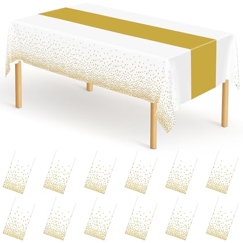 "QZYL 12Pack Table Cloth Rectangle Tables, 54"" x 108"" Disposable Party White Table Cloths with Gold Dot, Waterproof Table Covers for Birthday Outdoor Wedding New Year Eve Birthday Decorations Supplies"