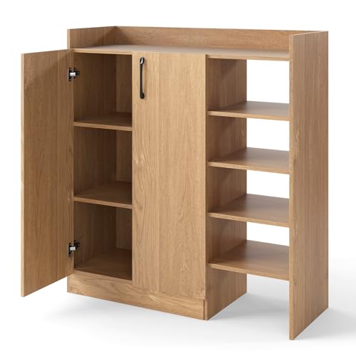 CASART Shoe Storage Cabinet, Modern Shoe Rack Storage Organiser with 2 Doors & Adjustable Shelves, Wooden Footwear Stand Rack for Hallway Entryway Living Room (7-Position Adjustable Shelves, Natural)