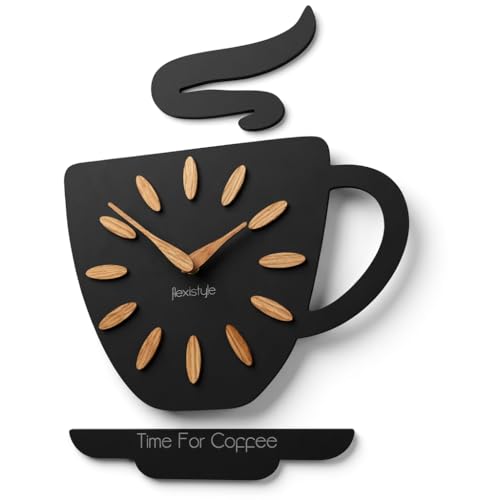 "FLEXISTYLE Rustic Wall Clocks Kitchen ""Coffee Cup"" Wooden - Quiet, Decorative for Kitchen, Cafe & Living Room"