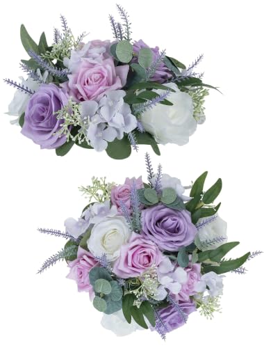 BLOSMON Purple Flowers Artificial for Decoration: 2 Pieces 9.5 Inch Fake Flower Ball Centerpieces for Home Tables - Wedding Lilac White Rose Lavender Fake Silk Kissing Floral Arrangements