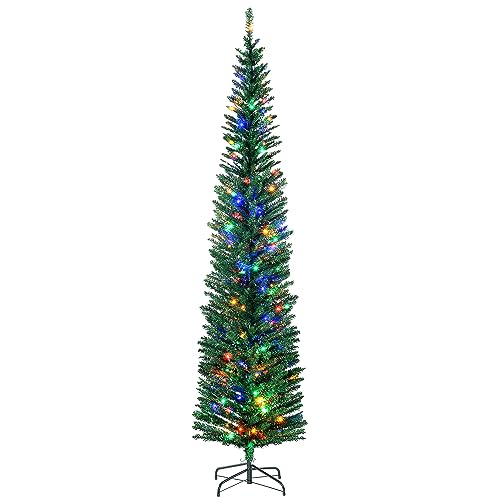 HOMCOM 7.5ft Pre Lit Artificial Christmas Tree Holiday Décor with 200 Colourful LED Lights and 529 Tips, Pencil Shape, Steel Base