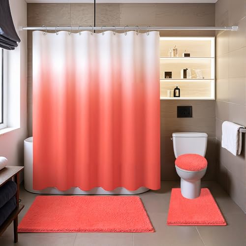 Shower Curtain Set 4 Piece Bathroom Sets with Shower Curtain and Rugs Waterproof Shower Curtains 1 Piece and Soft Bathroom Rugs Sets 3 Piece for Luxury Bathroom Decor